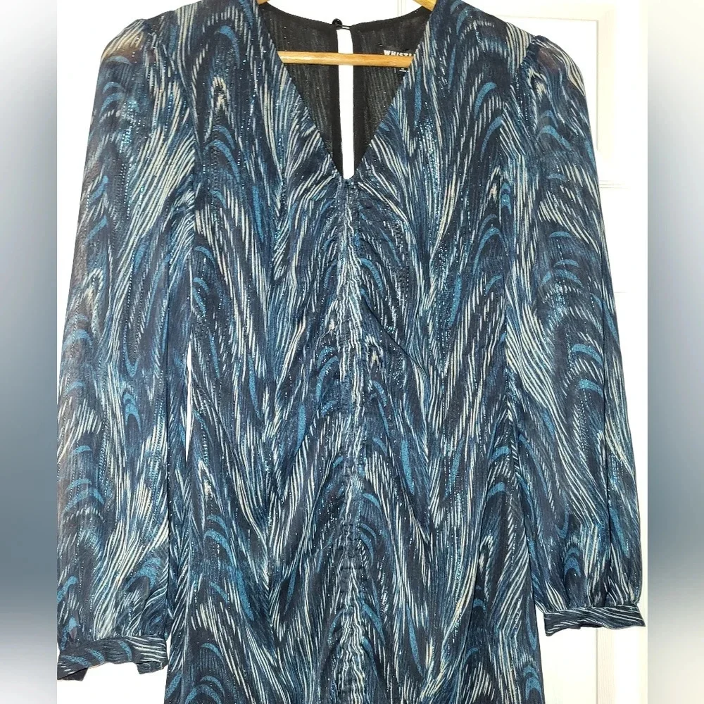 WHISTLES Blue‎ Wave Ruched Dress Size 4 Teal Black Long Sleeve Metallic Glam